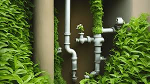 Pipes surrounded by lush greenery, showcasing a blend of plumbing infrastructure with natural elements.